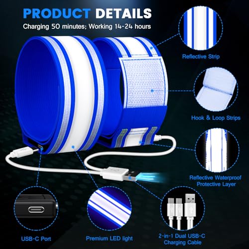 Fokia Kunbio Light Up LED Armband for Running Walking at Night,Reflective Arm Bands for Runners,Rechargeable Jogging Lights,High Visibility Night Running Safety Gear Adjustable Running Women Men Kids - color: Blue