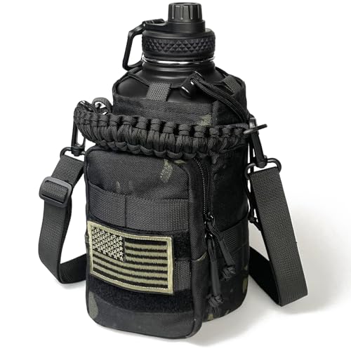 DEFUNX Half Gallon Water Bottle with Sleeve - 64 Oz Insulated Water Jug with Strap Stainless Steel Big Gym Water Bottles for Men Sports Workout Hiking Camo Black - color: Black Bottle with Black Camo Sleeve, style: 64 Oz Water Bottle
