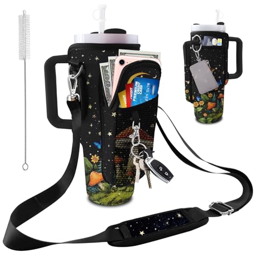 Stanley Carrier Bag for Stanley 40oz/30ozTumbler with Phone with 2 Adjustable Strap,3 Pockets Bottle Stanley Cup Carrier Bag & Case,Accessories for Hiking Travelling - color: Black Mushroom