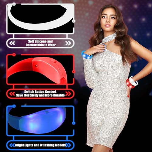 12 Pcs LED Glow Bracelets Sound Activated Flashing Light Up Bracelet for New Years Eve Glow in the Dark Party Supplies Christmas Party Favors Birthday Gift Carnival Concerts Night Events - color: RedBlueWhite