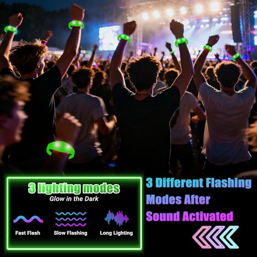 12 Pcs LED Glow Bracelets Sound Activated Flashing Light Up Bracelet for New Years Eve Glow in the Dark Party Supplies Christmas Party Favors Birthday Gift Carnival Concerts Night Events - color: Green