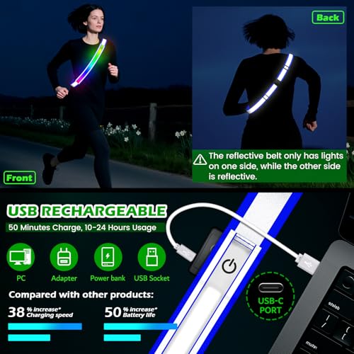 LED Reflective Belt Sash, High Visibility 5 Color 3 Light Mode Rechargeable LED Waistband Reflective Running Gear, Light Up Waist Belt Safety Gear for Running Walking Cycling at Night - color: Blue