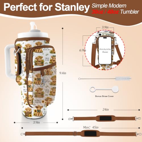 Water Bottle Carrier Bag for Stanley Cup 40oz/30oz with Phone Pocket, Neoprene Water Bottle Holder with Adjustable Shoulder & Handle Strap, Stanley Cup Accessories for Walking Travel Gym - color: Highland Cattle