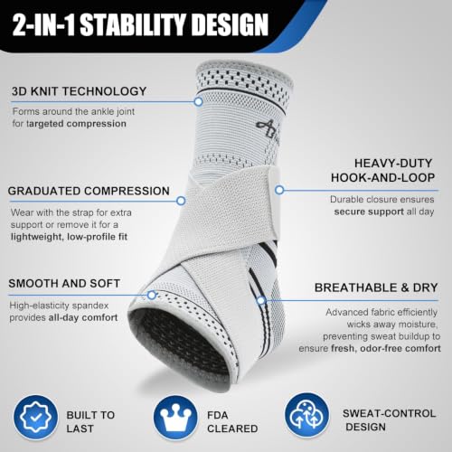 ABIRAM Ankle Brace Compression Sleeve with Adjustable Support Strap - color: Gray, size: X-Large