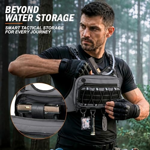 BECOJADDE Running Vest for Men with 2L Water Bladder Tactical Hydration Backpack Adjustable Lightweight Chest Pack for Marathon Hunting Cycling - color: Gray