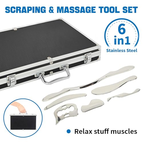 6-Piece Gua Sha Muscle Stainless Steel Scraper Massage Tool Set for Arms/Back/Shoulder Portable Physical Therapy IASTM Tools for Soft Tissue Mobilization with Carrying Case - size: 6 Piece Set