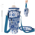 Water Bottle Carrier Bag for Stanley Cup 40/30oz, Neoprene Water Bottle Holder Pouch with 3 Pocket Adjustable Shoulder & Hand Strap - color: Blue Chinoiserie Floral
