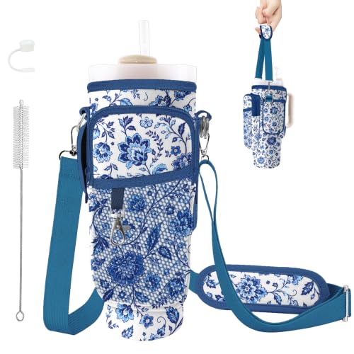 Water Bottle Carrier Bag for Stanley Cup 40/30oz, Neoprene Water Bottle Holder Pouch with 3 Pocket Adjustable Shoulder & Hand Strap - color: Blue Chinoiserie Floral