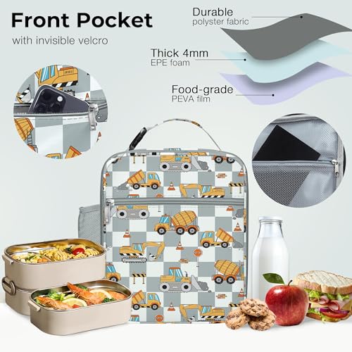 Clastyle Car Insulated Kid Lunch Bag for Boy Lunch Box, Engineer Excavator - color: Grey Excavator