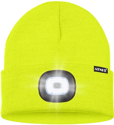 ATNKE LED Lighted Bluetooth Beanie Hat,USB Rechargeable 4 LED Wireless Music Running Headlamp Cap Gift for Men and Women - color: #Fluorescent Yellow