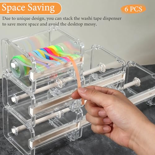 6 Pack Washi Tape Dispenser & Cutter, Transparent Desktop Multi Washi Masking Tape Storage Dispenser, Tapes Cutter, Tapes Roll Holder (Not Include Masking Tapes)