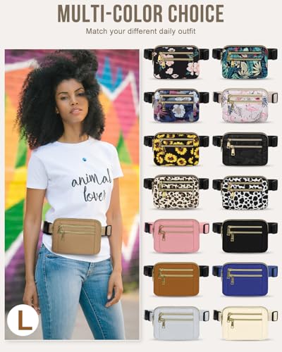 Capolo Fanny Packs for Women 4 Zip Pocket Crossbody Belt Bag Waist Bags - color: Khaki, size: Large