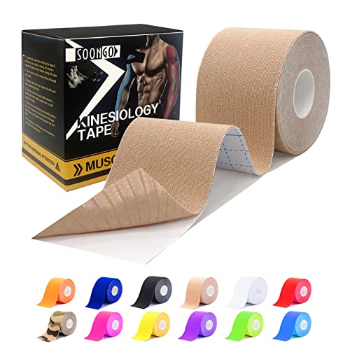 SOON GO Kinesiology Tape, 2 ih x 16.4 ft Uncut athletic tape, Waterproof Breathable Latex-Free, Muscle Recovery & Joint Support, Beige (1/2/5 Rolls) - color: Beige, size: 1 Count (Pack of 1)