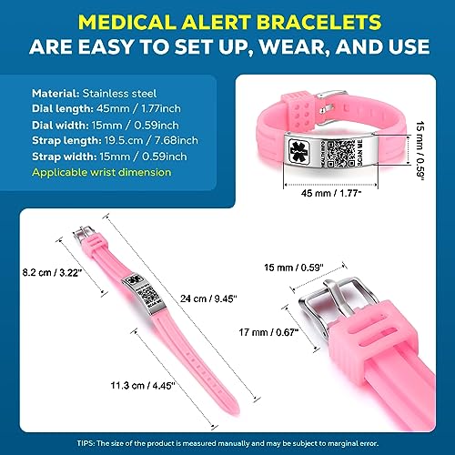 Medical Bracelets for Men Women with QR Code Medical Alert ID Bracelets - color: Sakura Pink Silver
