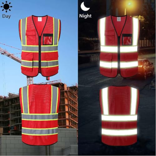 Reflective Safety Vest for Men Women Hi Vis Vest with 8 Pockets High Visibility Mesh Reflective Vest (Red-07,Medium) - color: Red, size: Medium