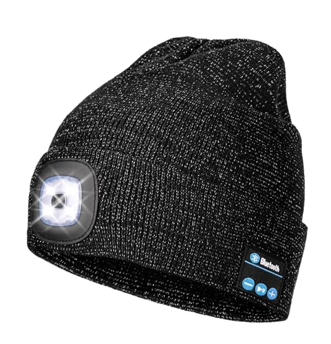 Wmcaps Bluetooth Beanie with LED Light and Headphones, Christmas Tech Gifts - color: Black Mixed Silverwire