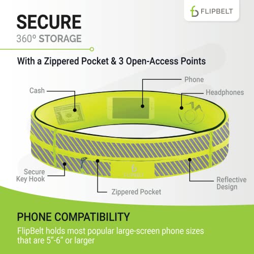 FlipBelt Zipper Running Belt, Waist Pack for Fitness and Running, US Company - color: Reflective Neon Yellow, size: Medium