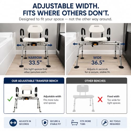 DMI 360 Max Comfort Swivel Shower Chair & Transfer Bench, Extra-Wide 360lb Capacity, Non-Slip & Padded Arms, Bonus Adjustable Back Scrubber - style: Sliding + 360° Swivel