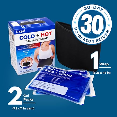 Cryopak Cold and Hot Therapy Wrap, Black, Latex-Free, Non-Toxic, for Back, Abdomen, Hip, Sports Injury Prevention, Recovery (Back/Abdomen). kit Includes Flexible Gel Compress, Sleeve and Strap. - size: back/abdomen