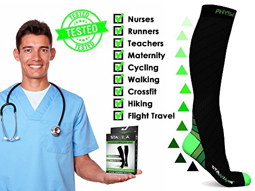Physix Gear Compression Socks 20-30 mmHg - Men & Women - Running, Nurses, Shin Splints, Flight, Travel - color: Black/Green, size: L/XL