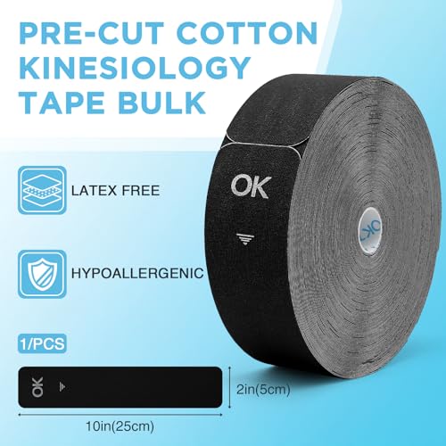OK TAPE Kinesiology Tape 150 PCS Precut Elastic Strips Bulk 2inx10in/PCS - color: Black, size: 150 PCS