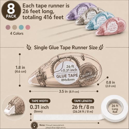 MARCADORUS Glue Tape Roller, Double Sided Scrapbook Tape, 208 Ft Total - size: 26 Ft x 0.31 In : 8 Pack