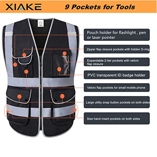 XIAKE 9 Pockets Class 2 High Visibility Reflective Safety Vest for Men Women,Meets ANSI/ISEA Standard - color: Black, size: Large