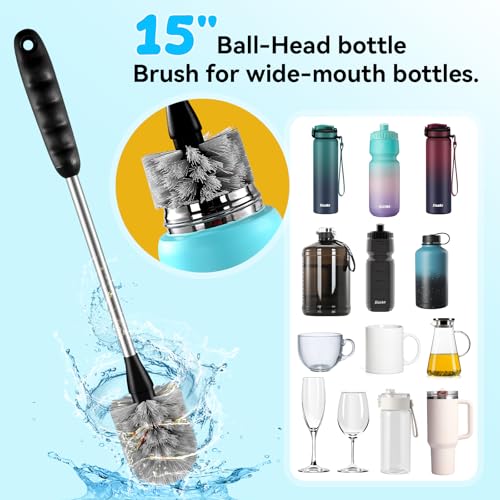 SLUXKE Bottle Brush Set with Straw Cleaner Brush and 3 in 1 Cup Lid Cleaning Brush, Bottle Brush Cleaner with Long Handle for Cleaning Cup, Water Bottles, Tumblers, Baby Bottles - color: Gray