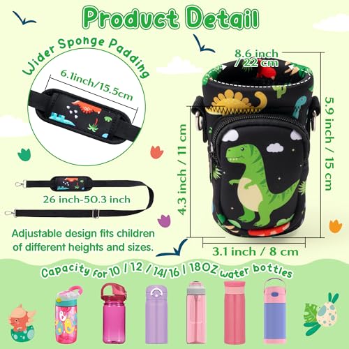Water Bottle Carrier Bag with Strap for Kids - Water Bottle Bag Holder with Padded Strap Pocket 10/12/14/16/18Oz for Boys Girls School Walking Hiking Camping - style: Dinosaur