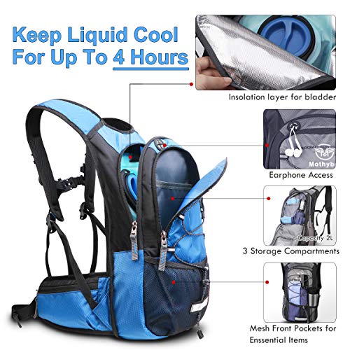 Mothybot Insulated Hydration Backpack Pack with 3L BPA Free Leak Proof Water Bladder, Large Storage Lightweight Hiking Daypack with Waist Pouches & Cooler Layer, for Running, Biking, Camping, Festival - color: Blue