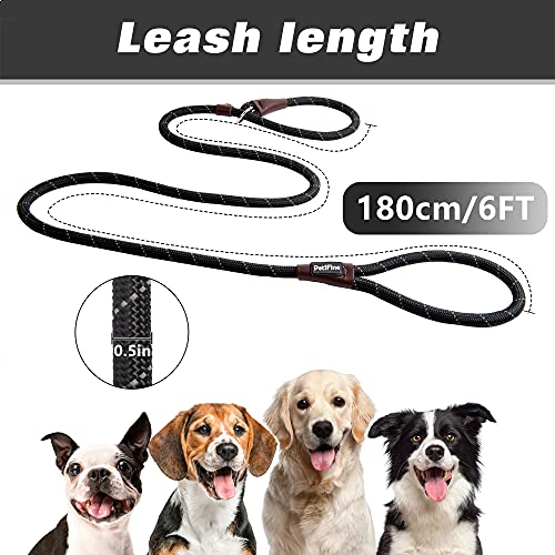 PetiFine Slip Lead Dog Leash Reflective, 6FT x 1/2" Heavy Duty Slip Leash - color: Black, size: 1/2" x 6 FT