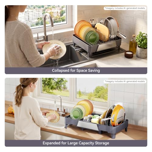 Urackify Large Dish Drying Rack, Expandable Dish Drainer, Gray