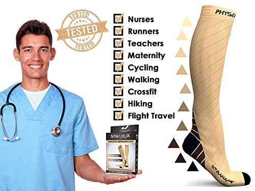 Physix Gear Compression Socks 20-30 mmHg - Men & Women - Running, Nurses, Shin Splints, Flight, Travel - color: Nude/Beige, size: Large/X-Large