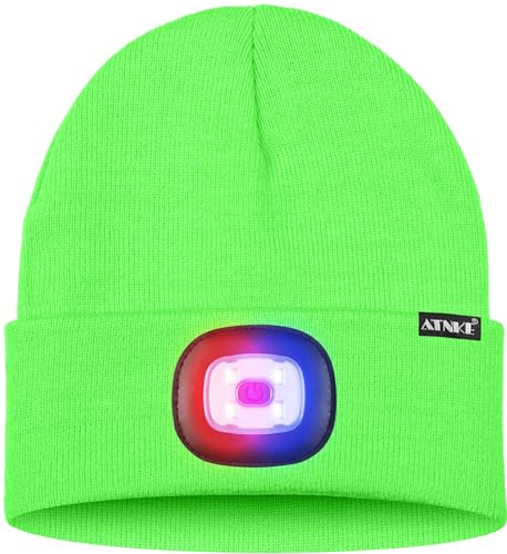 ATNKE LED Lighted Beanie Hat,USB Rechargeable 4 LED Red and Blue Flashing Running Headlamp Cap Gifts for Men and Women - color: #Fluorescent Green