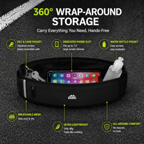Simptech 360° Ultra-Thin Running Belt Bag- Honeycomb Breathable Fanny Pack for Men Women, Lightweight 98g Fitness Waist Phone Holder Pouch for Hiking Cycling Travel Jogging Workout (New Black)