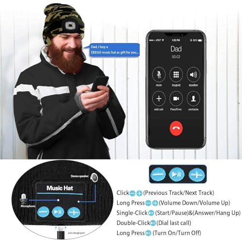 ATNKE LED Lighted Bluetooth Beanie Hat,USB Rechargeable 4 LED Wireless Music Running Headlamp Cap Gift for Men and Women - color: #Camouflage Green