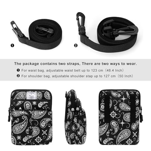 KAMO Multifunction Phone Waist Bag - One Shoulder Diagonal Cross Bag, Smart Case, Outdoor Triple Zip Hipster Crossbody Purse for Women & Men - color: Black-Cashew flower