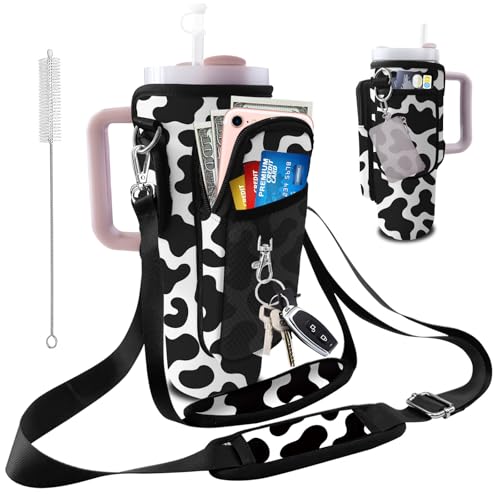 Stanley Carrier Bag for Stanley 40oz/30ozTumbler with Phone with 2 Adjustable Strap,3 Pockets Bottle Stanley Cup Carrier Bag & Case,Accessories for Hiking Travelling - color: Cow Print