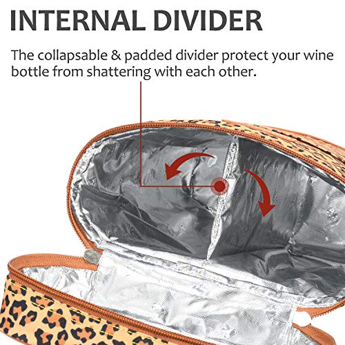 Tirrinia 2 Bottle Insulated Wine Tote Carrier Bag - color: Cheetah, size: 2 Bottle-without front pocket