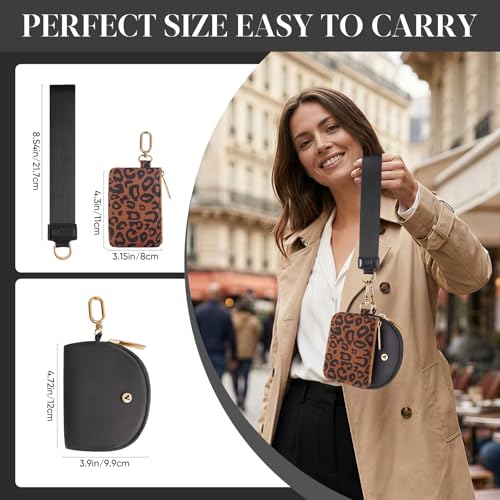 VUTUXA KeyChain Wallet Wristlet For Women Mini Zip Dual Pouch Coin Purse - color: black+leopard
