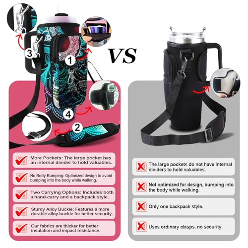 Stanley Carrier Bag for Stanley 40oz/30ozTumbler with Phone with 2 Adjustable Strap,3 Pockets Bottle Stanley Cup Carrier Bag & Case,Accessories for Hiking Travelling - color: Mandala Flower