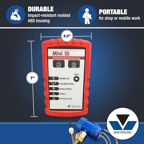 Mastercool 691234YF-MINI R1234yf Refrigerant Identifier – Compact PASS/FAIL Analyzer with NDIR Technology, Detects Air & Contaminants, Includes Calibration Kit