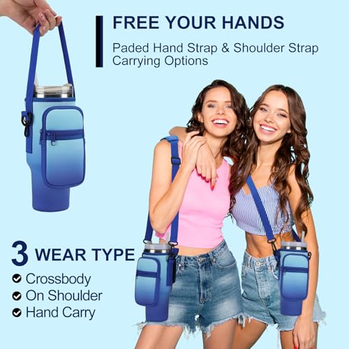 GOEWY Water Bottle Carrier Bag for Stanley Cup 40/30oz with Phone Pockets - color: Dark Blue, size: 40oz