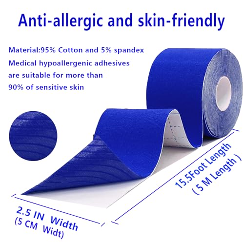 SOON GO Kinesiology Tape, 2IN x 16.4FT Uncut Athletic Tape, Waterproof Breathable Latex-Free, Muscle Recovery & Joint Support, Dark Blue (1/2/5 Rolls) - color: Dark Blue, size: 1 Count (Pack of 1)