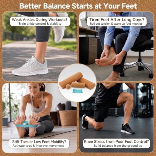 Cork Balance Board, 4-in-1 Foot Massage & Balance Trainer Set with Foot Roller, Massage Ball and Toe Resistance Bands, Foot and Ankle Strengthener Kit for Runners, Yoga and Mobility