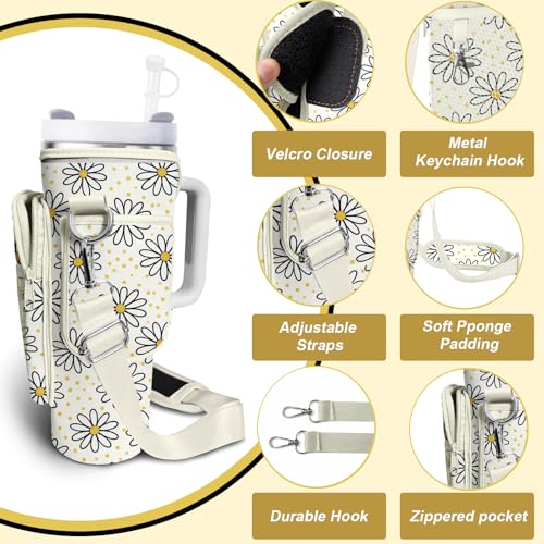 Water Bottle Carrier Bag for Stanley Cup 40/30oz, Neoprene Water Bottle Holder Pouch with 3 Pocket Adjustable Shoulder & Hand Strap - color: Daisy Polka Dots
