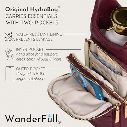 WanderFull Original HydroBag Crossbody Water Bottle Holder with Phone Pocket, Fits Water Bottles up to 32 oz - color: Cherry Matte - Striped Strap