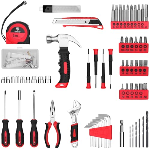 DEKOPRO Drill Set: 8V Cordless Drill, Home Tool Kit with 126 Piece Set - color: Red