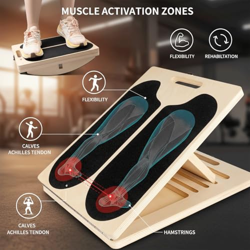 Portable Wooden Slant Board for Calf Stretching with Resistance Bands 400 lbs Cap,Balance Board Anti-Slip Incline Board, Ankle Support, Include Instruction Card & Sand Paper.