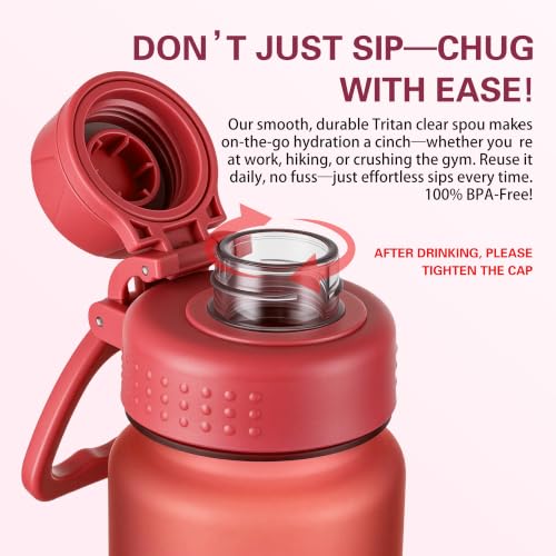 OLDLEY 32oz Water Bottle with Handle, BPA-Free Tritan Reusable Sports Water Bottle with Leak-Proof Dust Lid, Wide Mouth, Cup Holder Friendly, Half Frosted Clear Bottle for Gym,Travel, Work,Cherry Red - color: Cherry Red